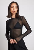 Black Round Neck Fitted Mesh Top