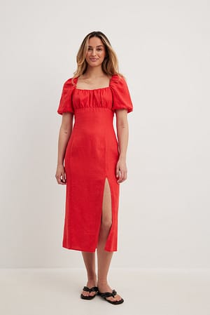 Red Ruched Chest Slit Linen Dress