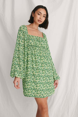 Green Flower Ruched Detail Chiffon Dress