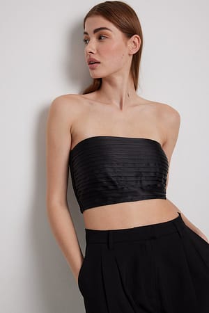 Black Ruched Front Satin Tube Top