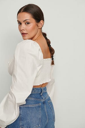 White Ruched LS Cotton blouse