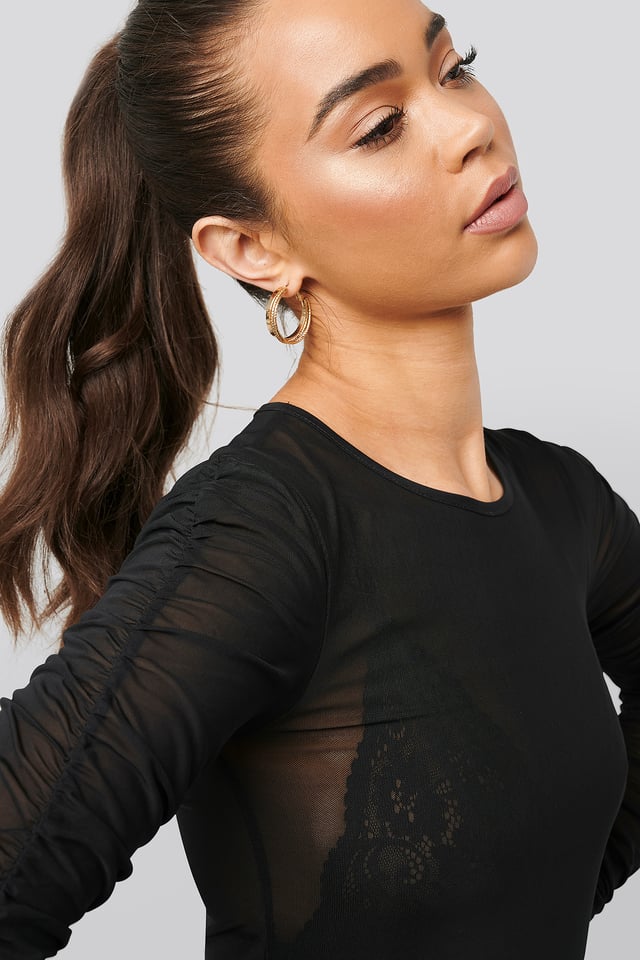 Ruched Sleeve Mesh Top Black