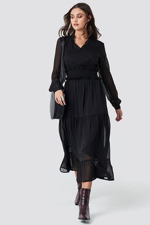 Black Ruffle Details Flowy Midi Dress