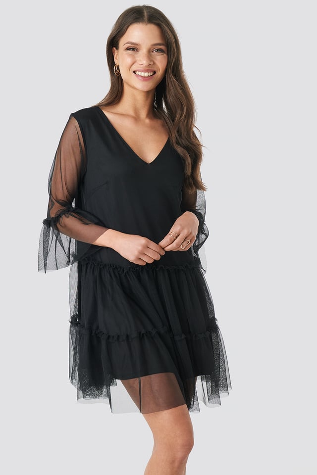 Ruffle Mesh Mini Dress Black