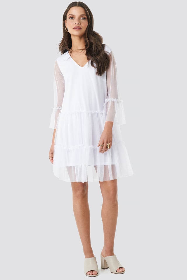 Ruffle Mesh Mini Dress White