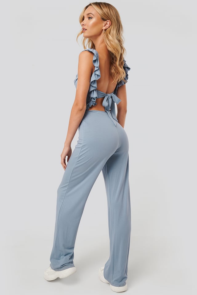 Ruffle Strap Jersey Jumpsuit Blue