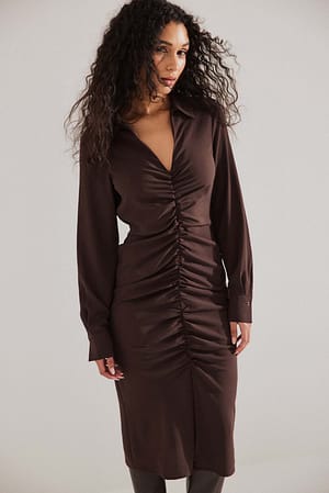 Brown Ruched Front Midi Dress
