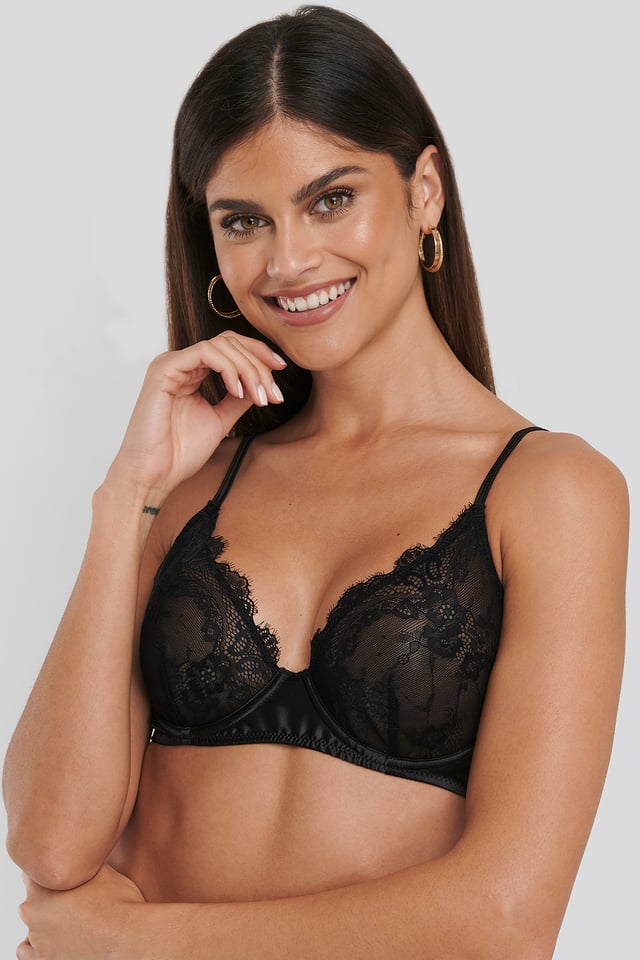 Satin Lace Cup Bra Black