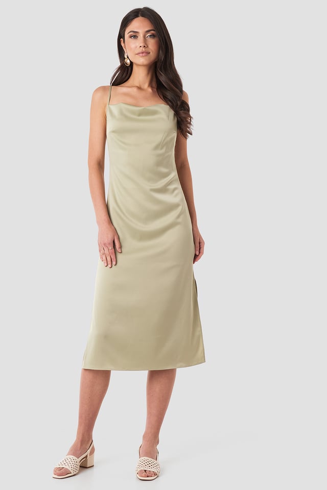 Satin Midi Slip Dress Olive