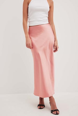 Soft Pink Satin Midi Skirt