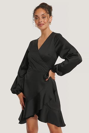 Black Satin Overlap Midi Dress