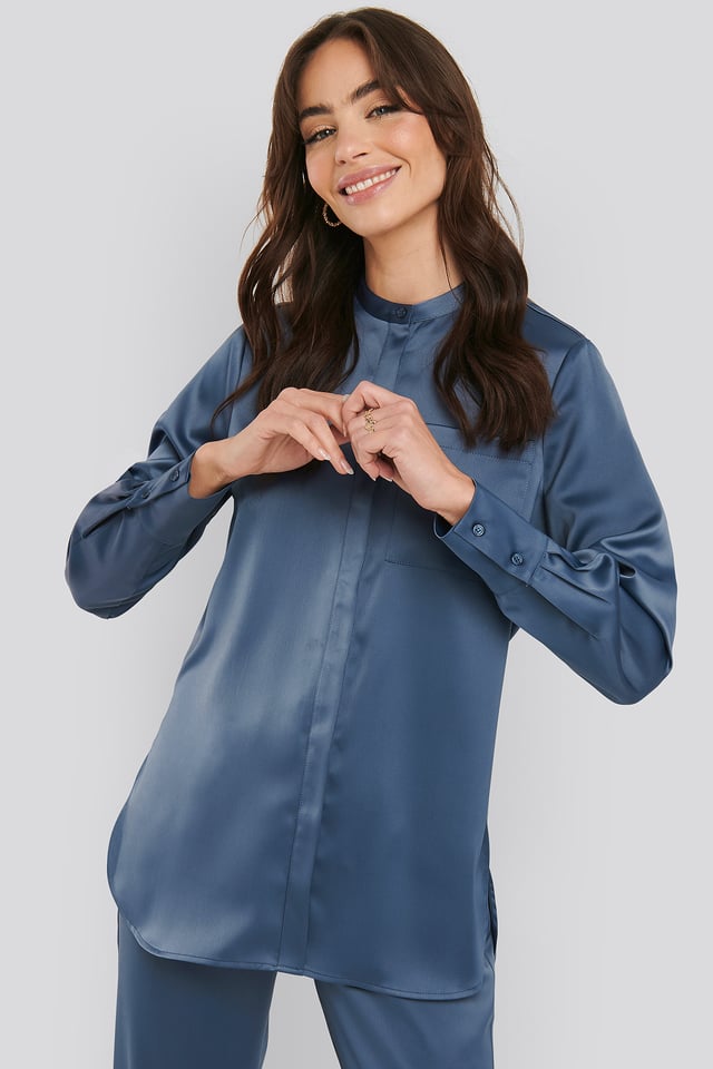 Satin Pocket Blouse Dusty Blue