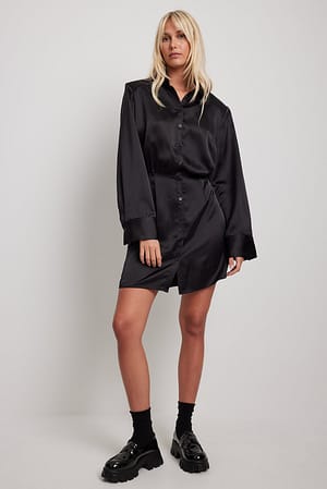 Black Satin Shirt Mini Dress