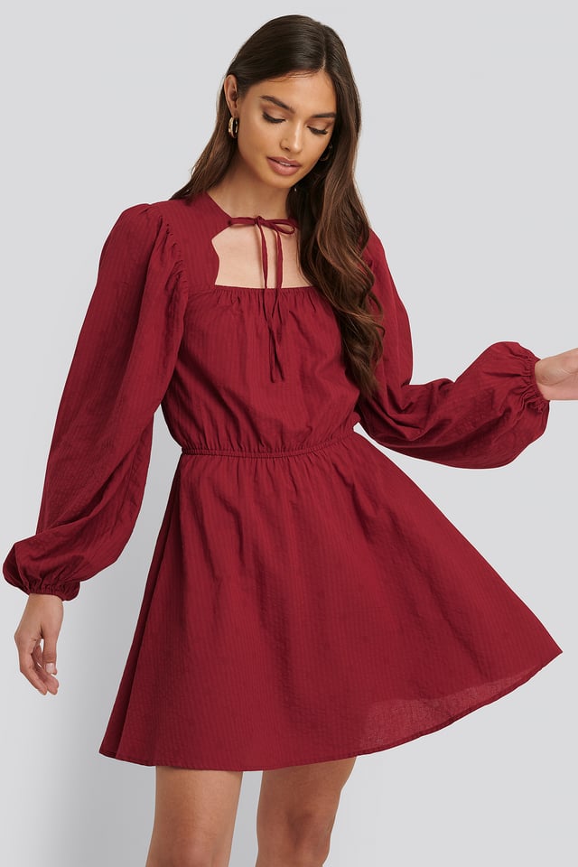 Scalloped Neckline Mini Dress Dark Red