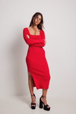 Red Scoop Neck Midi Slit Dress