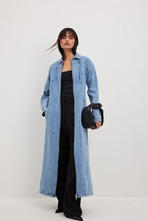 Seam Detail Fitted Denim Trench Coat Outfit