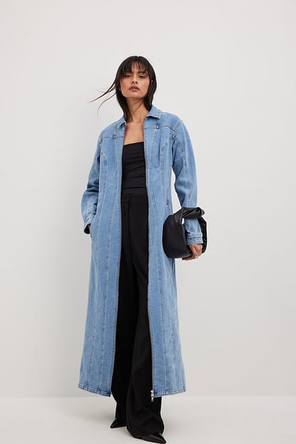 Blue Seam Detail Fitted Denim Trench Coat