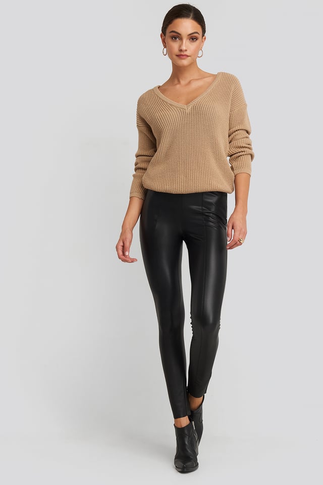 Seam Detail PU Pants Black