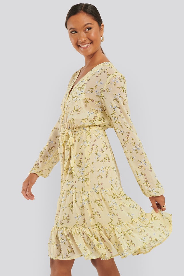 Self-Tie Printed Midi Dress Yellow Flower