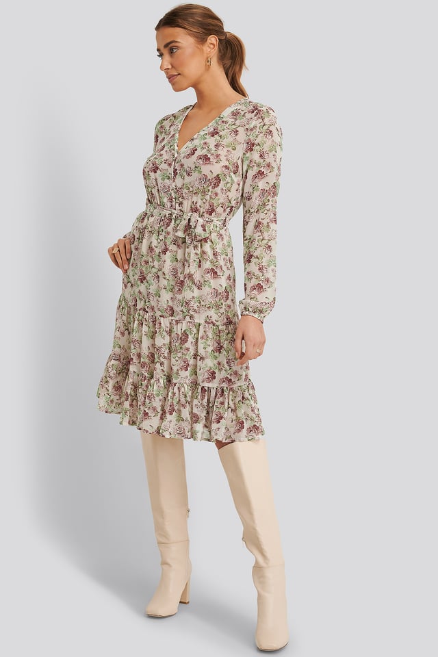 Self-Tie Printed Midi Dress Cream Floral