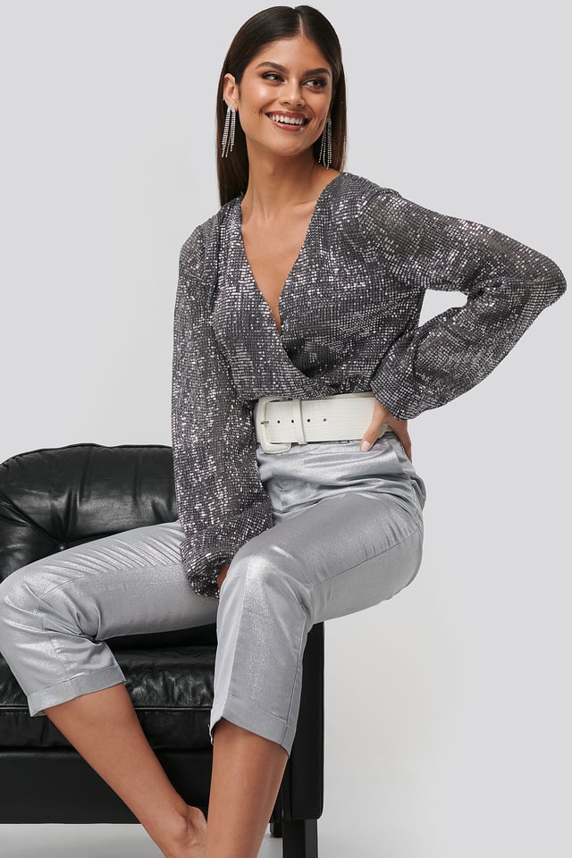 Sequin Balloon Sleeve Body Grey