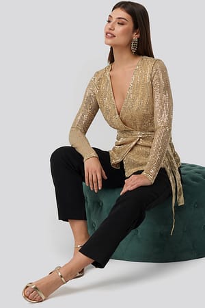Gold NA-KD Party Sequin Overlap Blouse