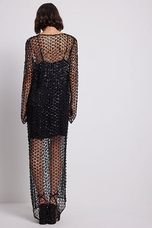 Black Sequins Net Maxi Dress
