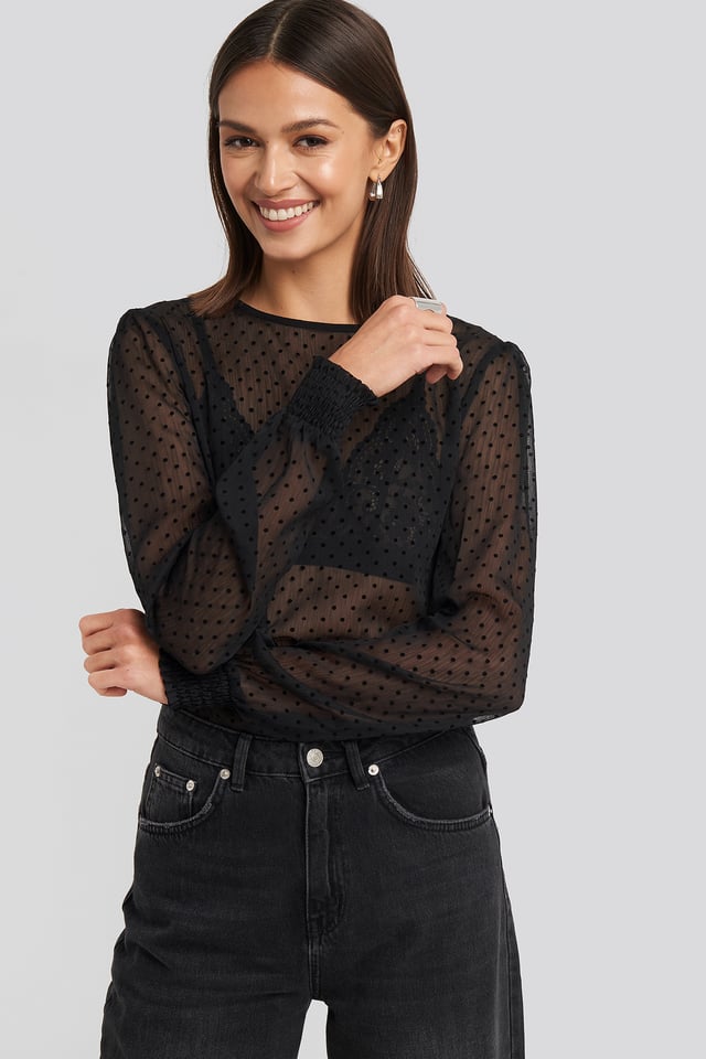 Sheer Dotted Round Neck Blouse Black