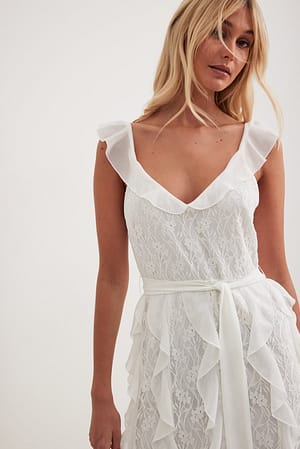 White Doorschijnende maxi-jurk met kanten details