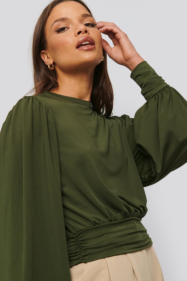 Shiny Balloon Sleeve Top Green