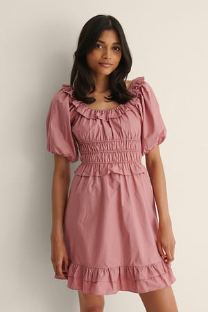 Pink Shirred Cotton Mini Dress