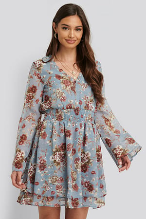 Blue Floral Shirred Detail Dress