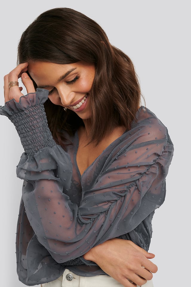 Shirred Dobby Blouse Dark Dusty Blue