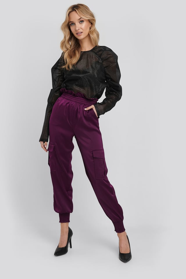 Shirred Hem Cargo Pants Plum