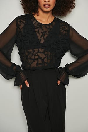 Black Gerecycleerde gesmokte blouse met lange mouwen