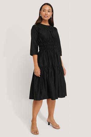 Black Shirred Midi Dress