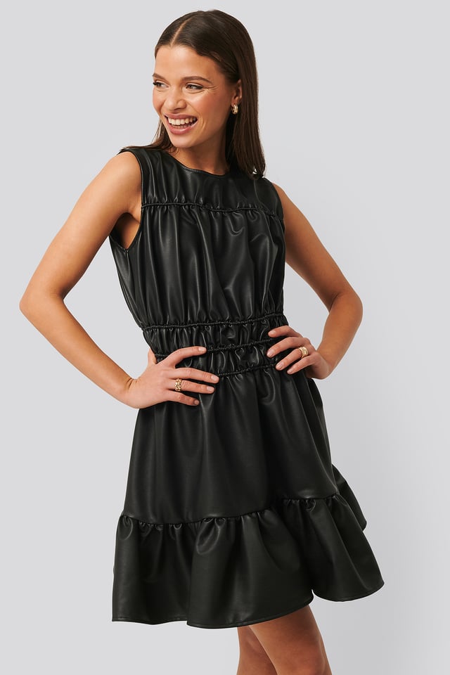 Shirred PU Dress Black