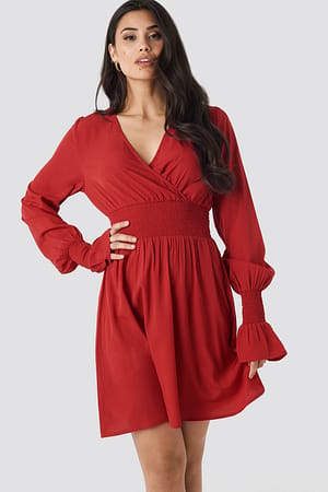 Red NA-KD Boho Shirred Waist Wrap Mini Dress