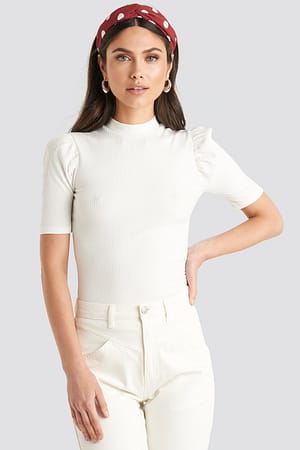 Offwhite Short Puff Sleeve High Neck Ribbed Top
