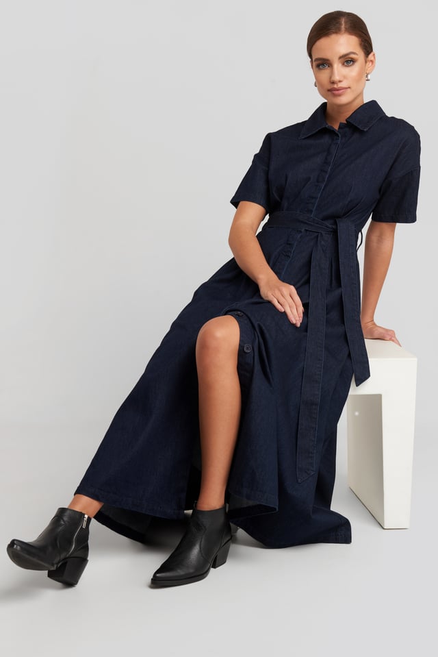 Short Sleeve Denim Dress Dark Blue