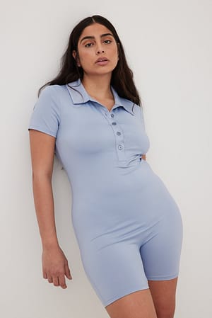 Dusty Blue Short Sleeve Fitted Playsuit