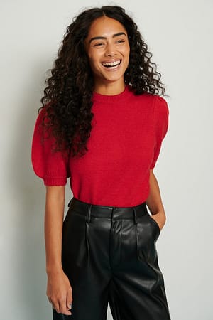 Red Short Sleeve Knitted Puff Sweater