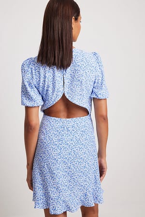 Blue Flower Short Sleeve Open Back Mini Dress