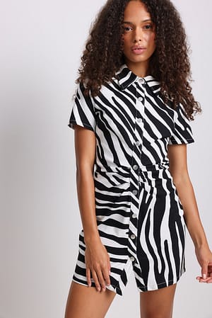 Black Zebra Short Sleeve Ruched Denim Dress