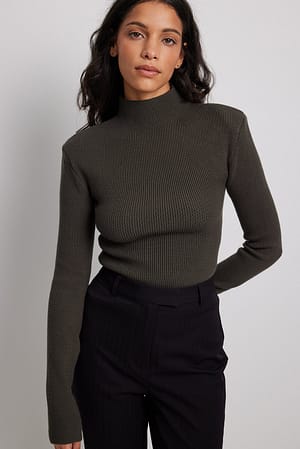 Dark Brown Shoulder Padded Ribbed Sweater
