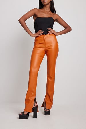 Orange Side Slit PU Pants