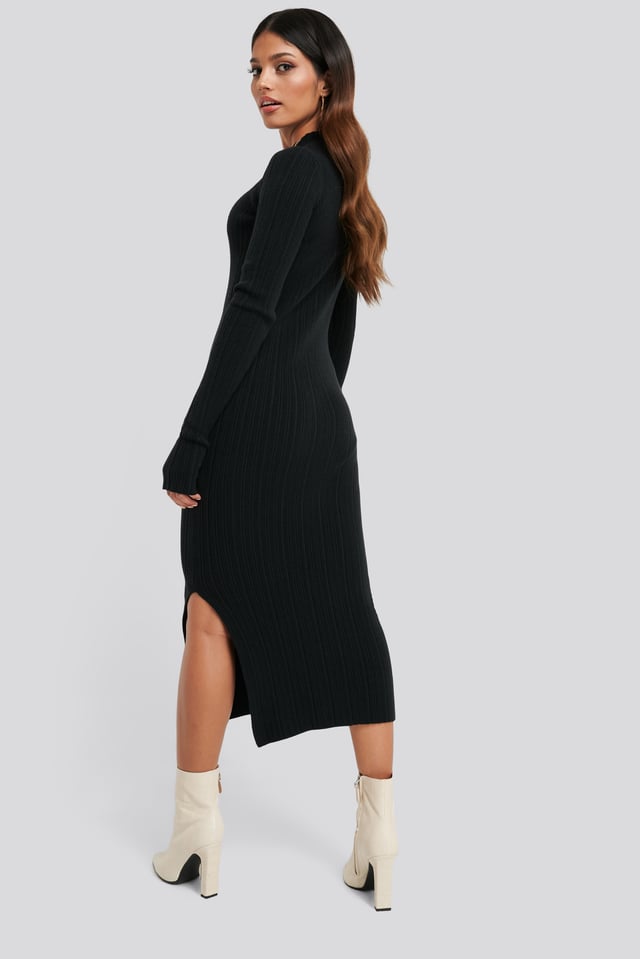 Side Split Ribbed Knit Dress Black