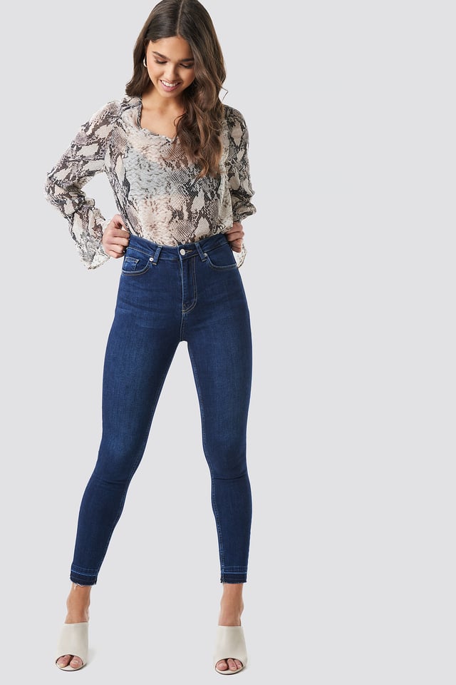 Skinny High Waist Open Hem Jeans Dark Blue