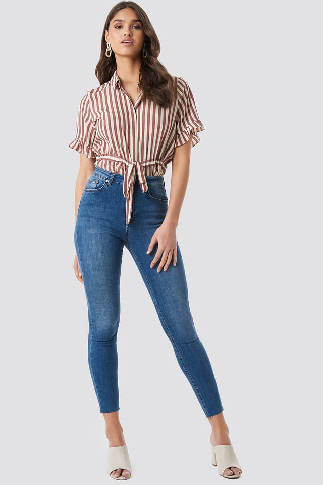 Skinny High Waist Raw Hem Jeans Mid Blue