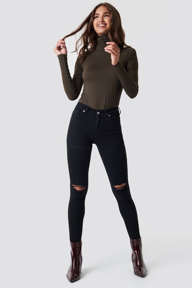 Skinny Mid Waist Destroyed Jeans Black